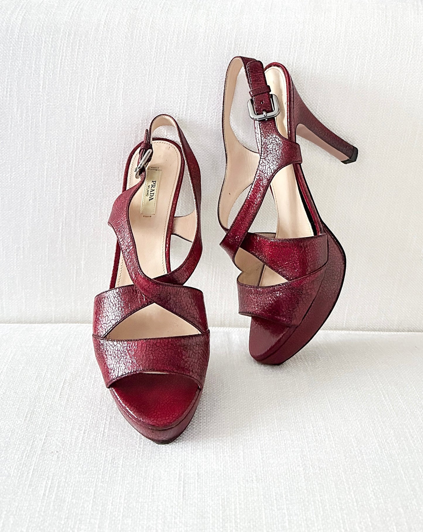 Prada Dark Red and Black Textured Leather Peep Toe Strappy Platform Heels (38.5 or 8.5)