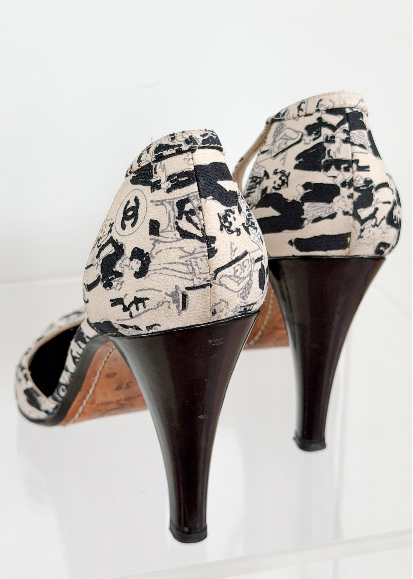 *Rare!* Vintage 2003 Chanel Black Cream D'orsay Print Round Toe Ankle Strap Heels (39)
