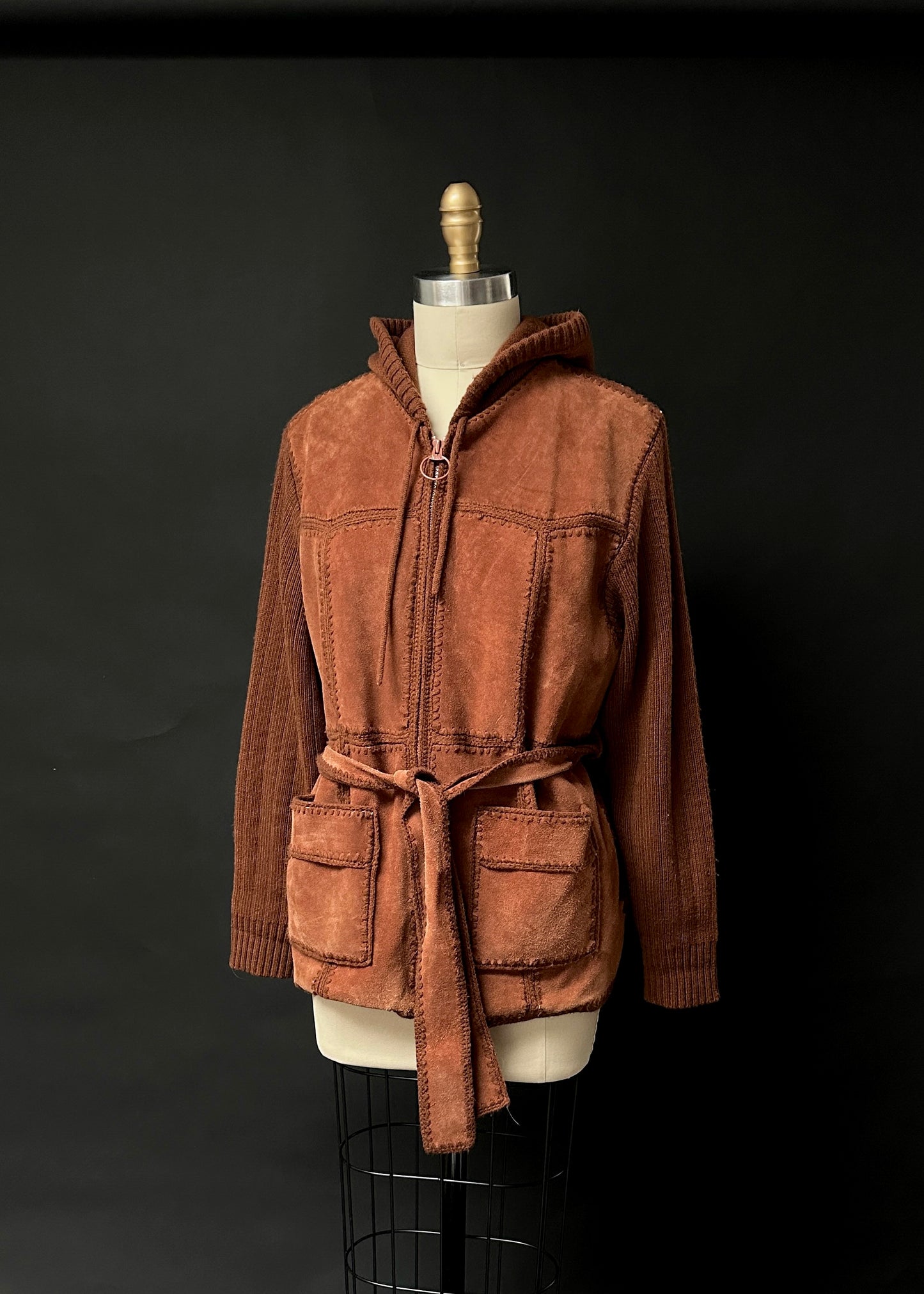 Vintage 1970s Brown Suede Patchwork and Knit Belted Jacket (L)