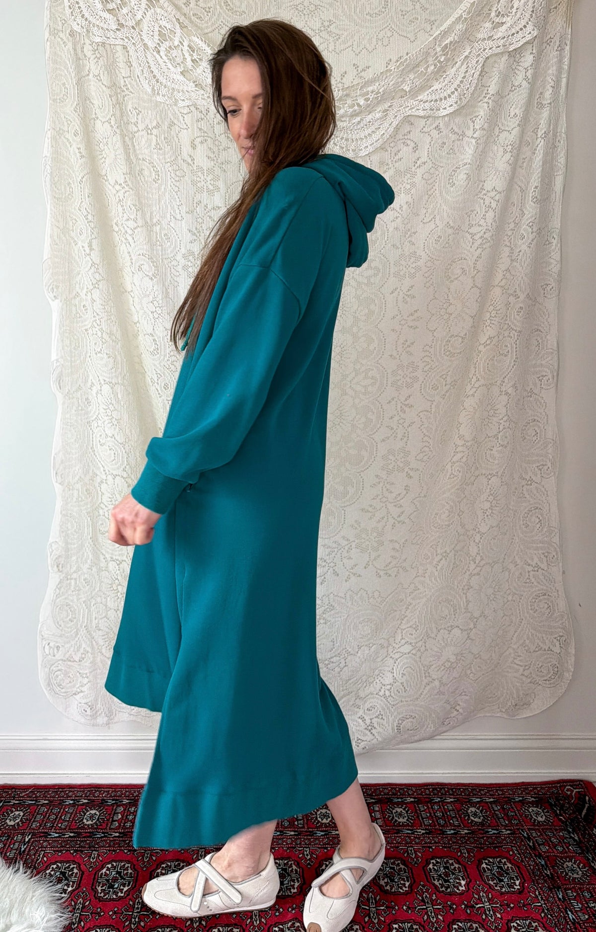 Nap Loungewear Pullover Hoodie Dress in Teal Blue (M)