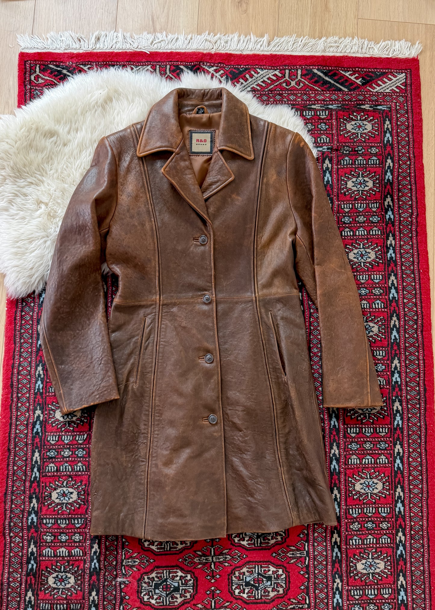 R + O Chestnut Brown Leather Mid Length Tailored Jacket (M)