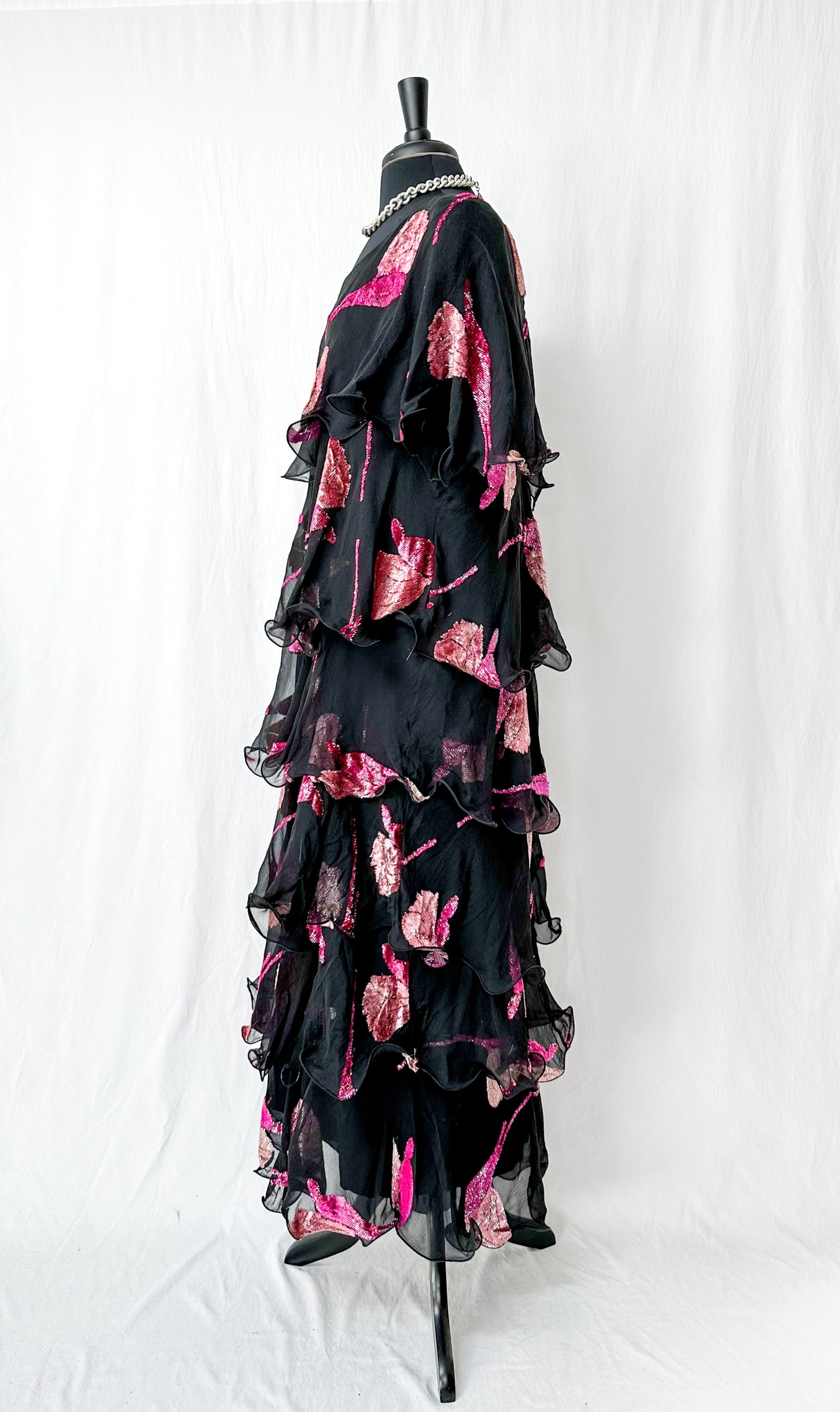 Vintage Russell Trusso Black Silk Embellished Tiered Dress (L/XL)