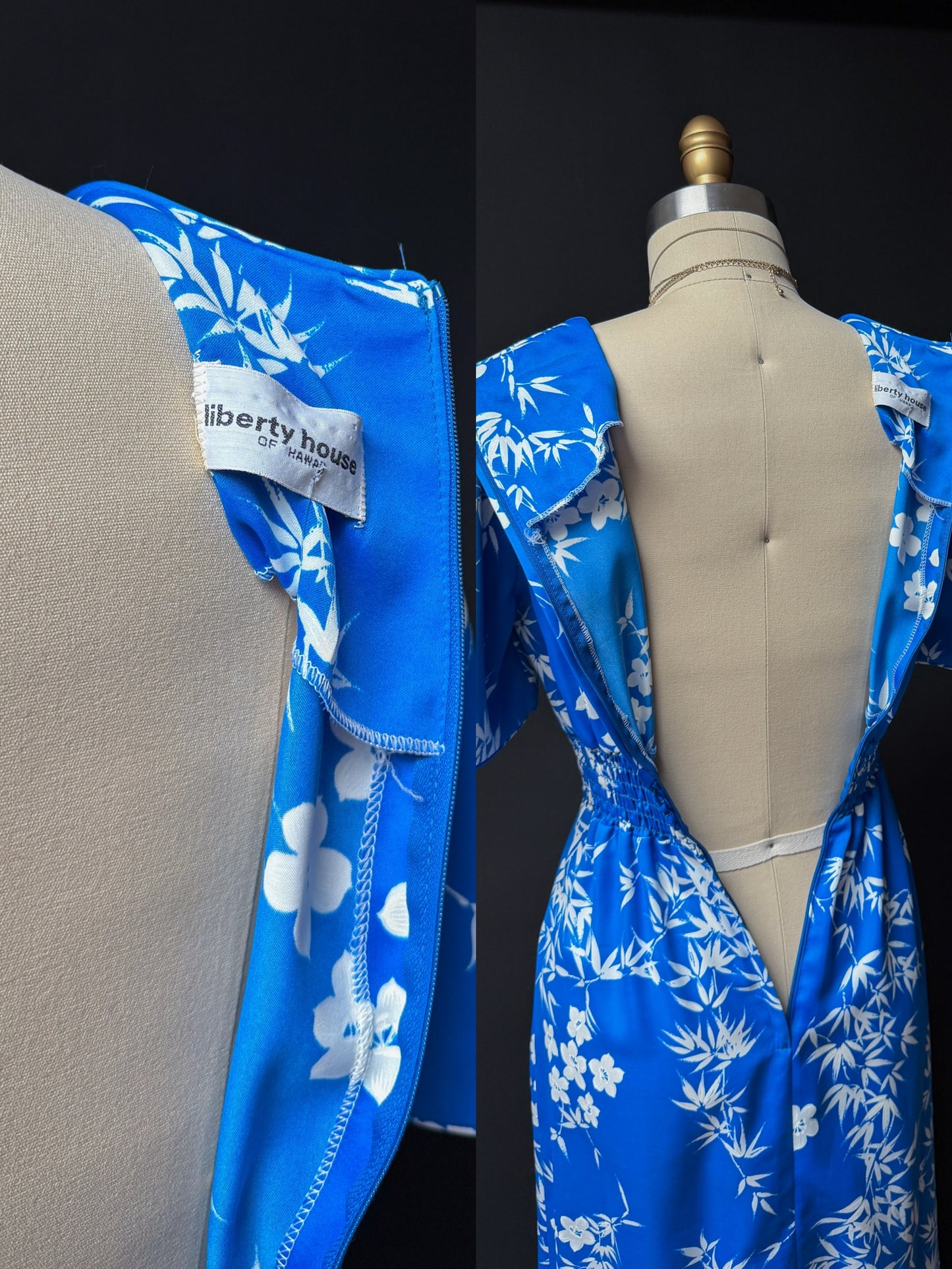 Vintage 70s Liberty House Hawaii Blue Floral Maxi Dress (M)