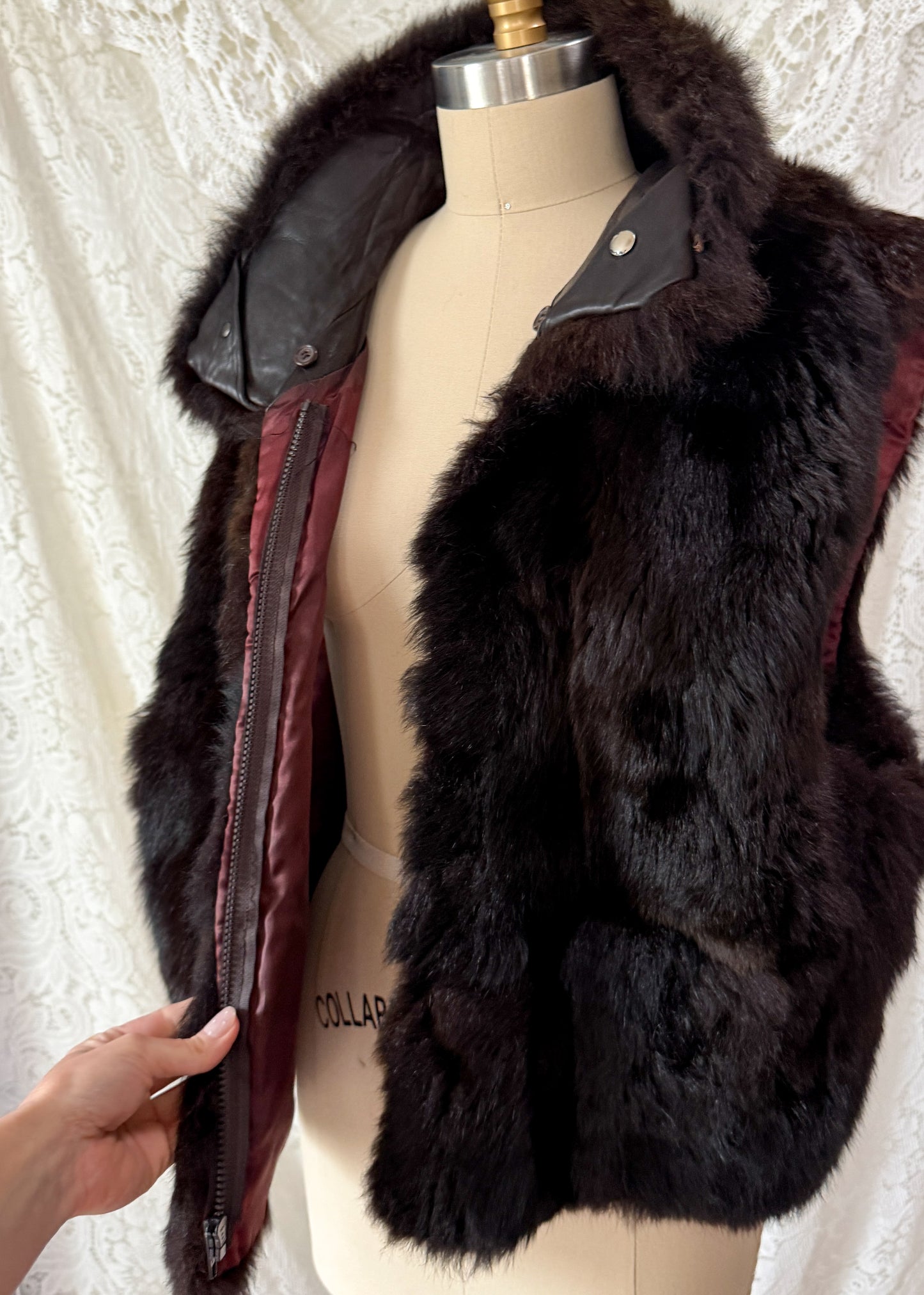 Vintage Andrew Marc Dark Brown New Zealand Opossum Fur & Leather Moto Style Vest