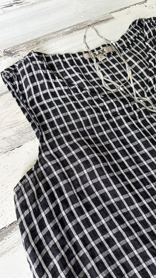 FLAX Black and White Check Linen Flowy V-Neck Sleeveless Top (L)