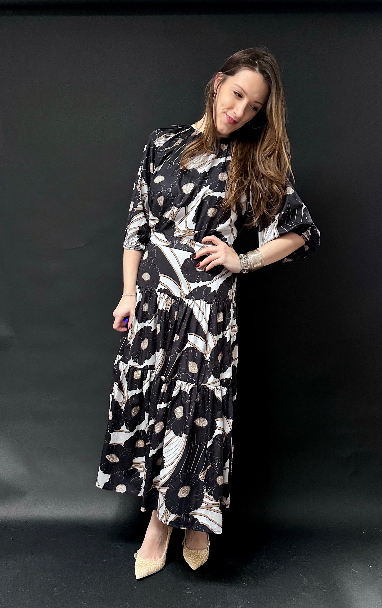 Paper Parachute Black and Brown Floral Tiered Maxi Dress