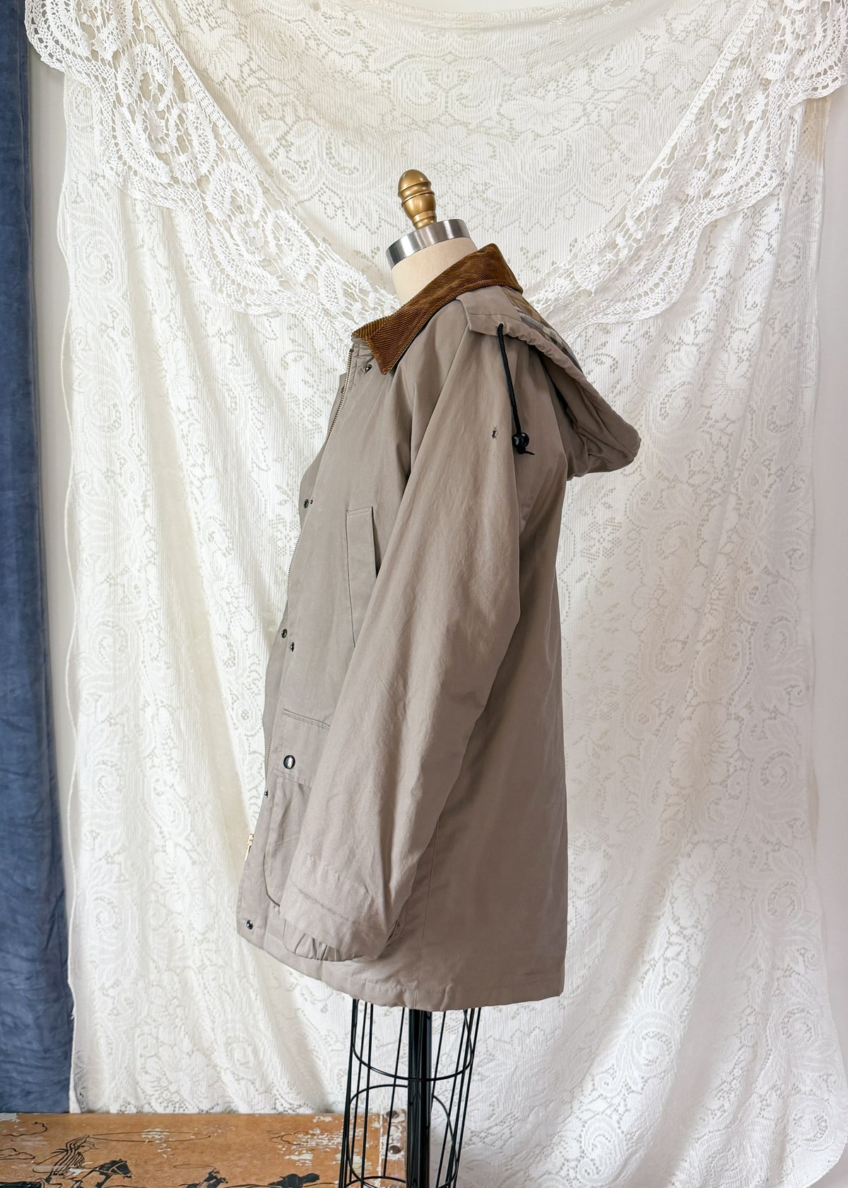 Vintage 90s Burberrys Taupe Khaki  Plaid Lined Field Coat with Hood Made in England