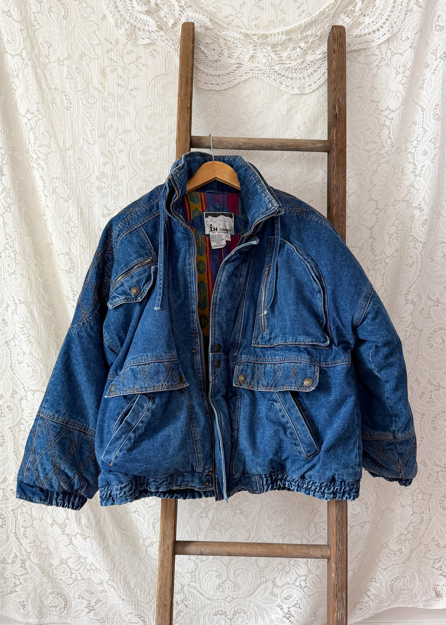 Vintage 90s In Crowd Denim Ski Jacket Southwestern Lined Oversized Coat