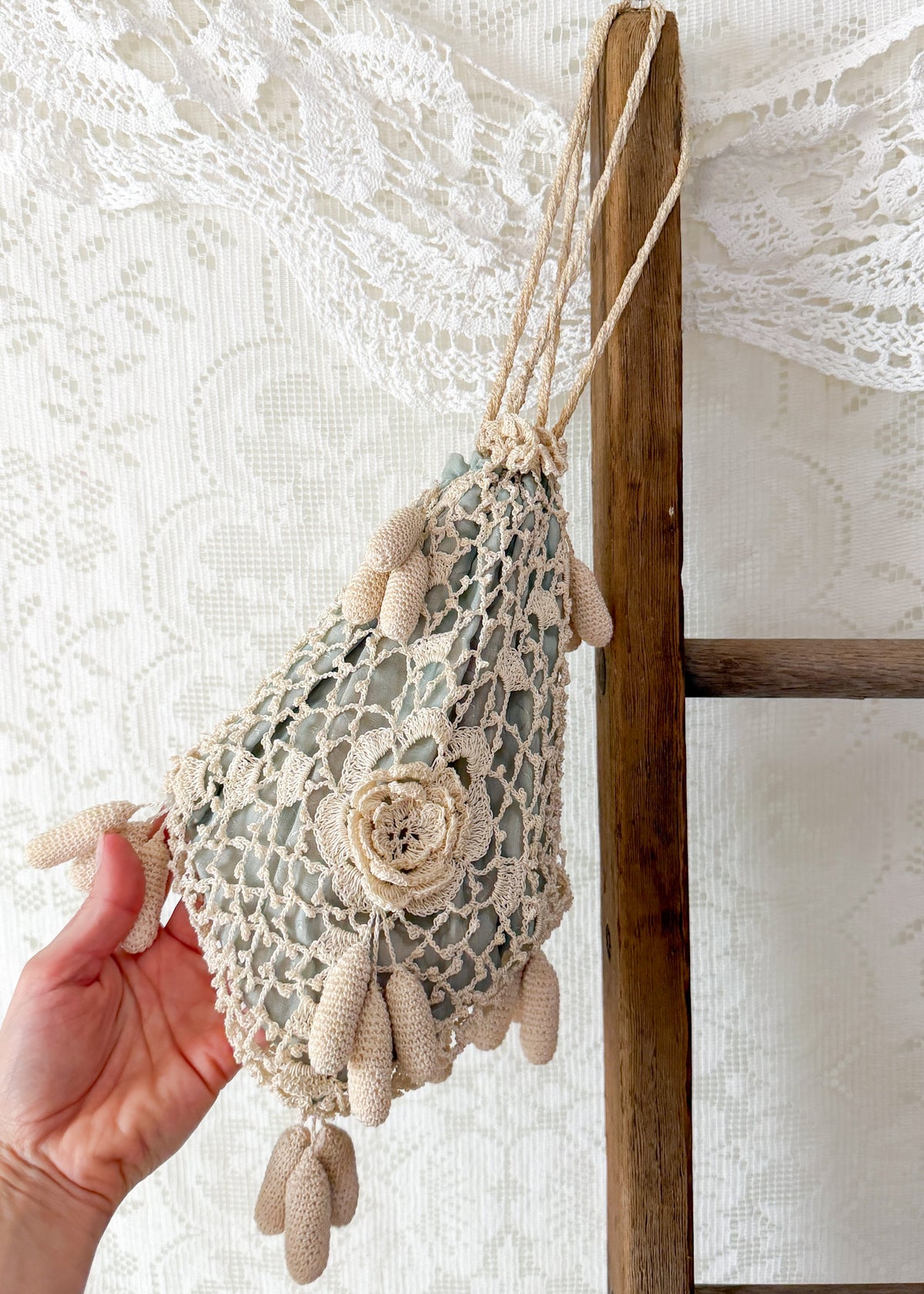 Antique Edwardian Irish Crochet Reticule Purse Sea Foam Green Lined c. 1900–1915