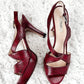 Prada Dark Red and Black Textured Leather Peep Toe Strappy Platform Heels (38.5 or 8.5)