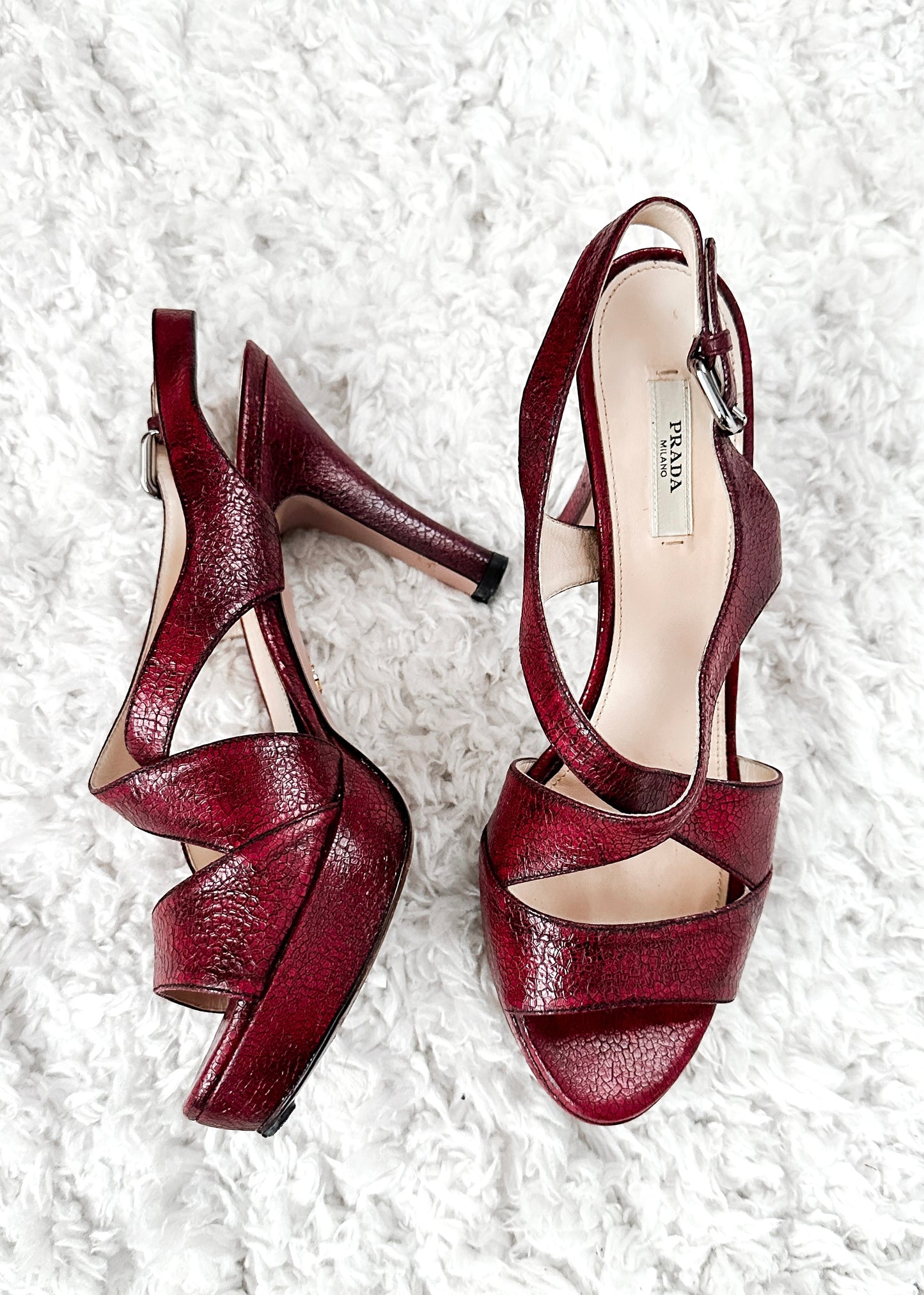 Prada Dark Red and Black Textured Leather Peep Toe Strappy Platform Heels (38.5 or 8.5)