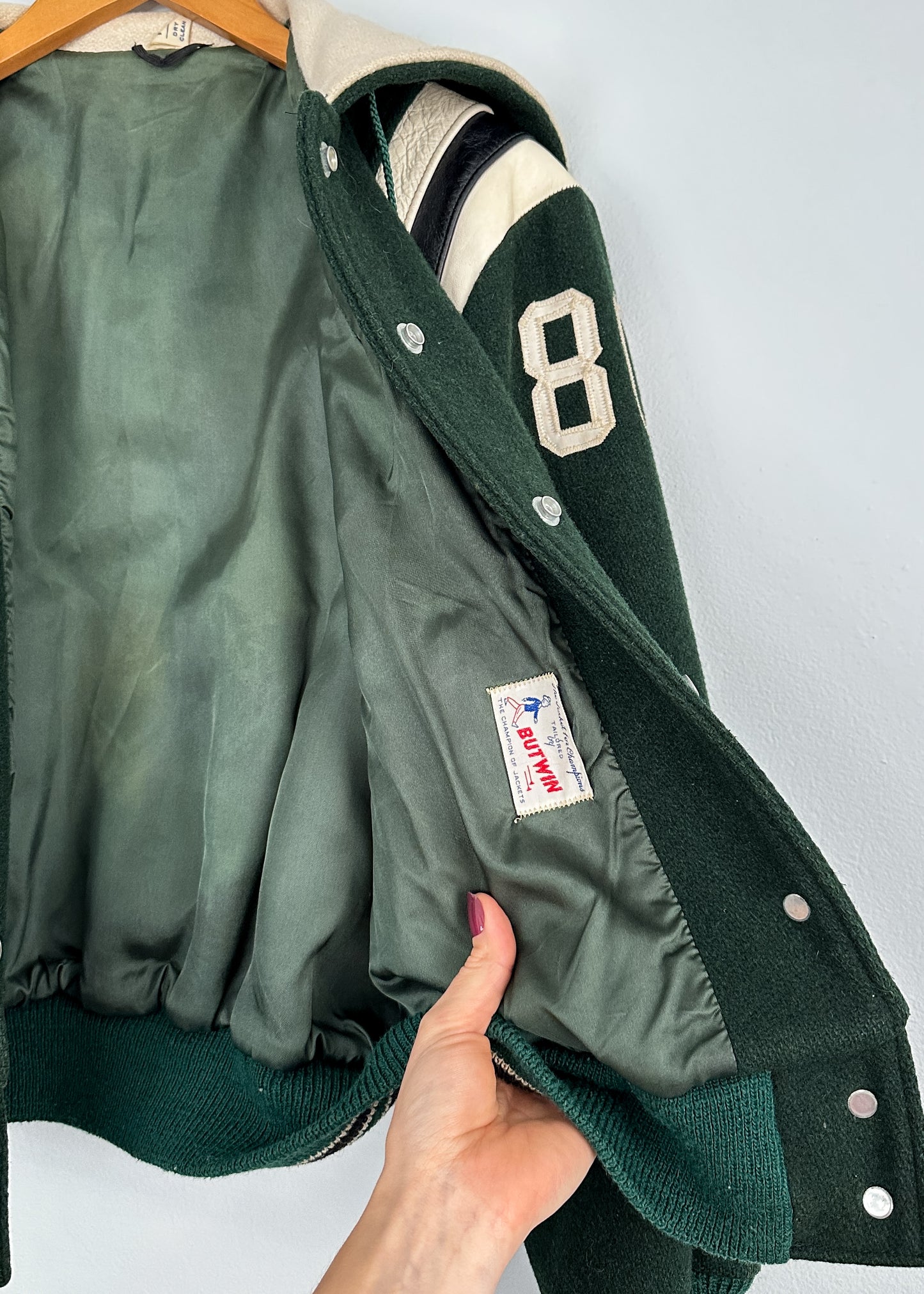 Vintage 70s Elyria Catholic Panthers Green Varsity Lettermen Jacket (S)