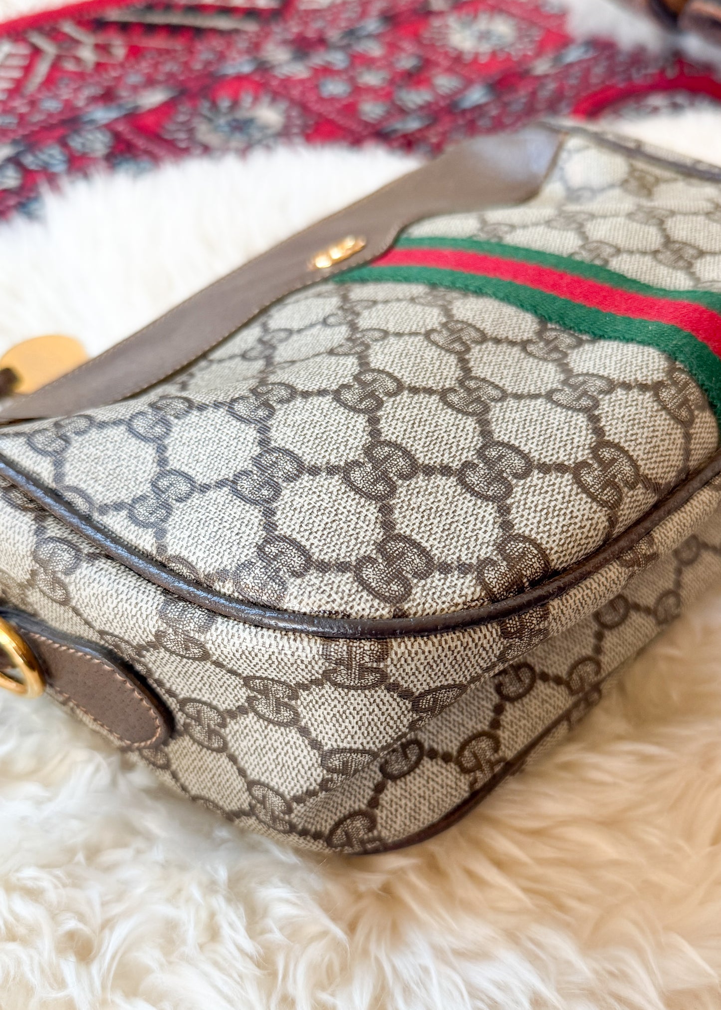 Vintage 80s Gucci Sherry Line GG Brown Shoulder Bag Purse + Gold Shoulder Chain