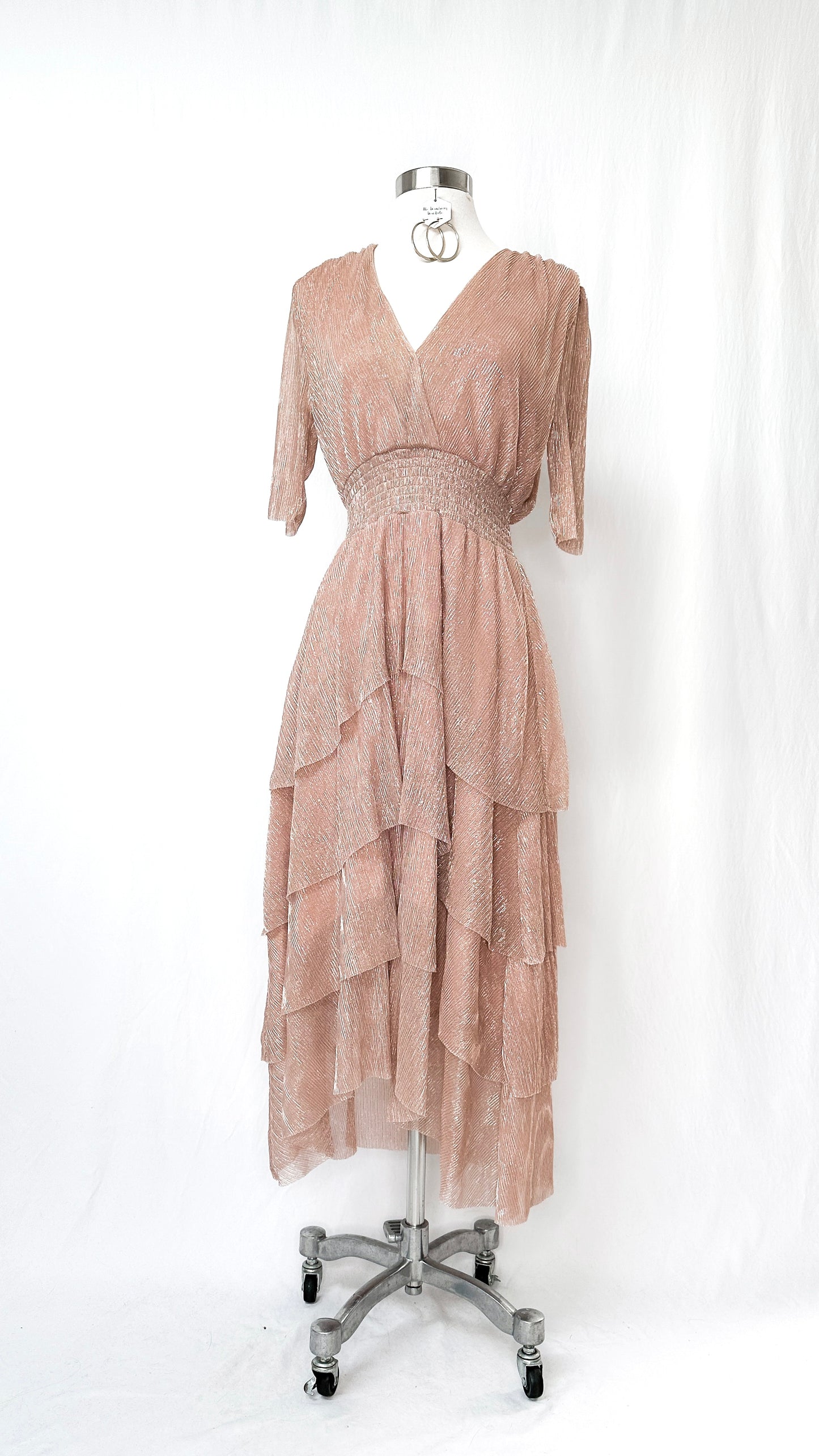 Maje Tiered Lamé Dress in Champagne Pink (3 or M)