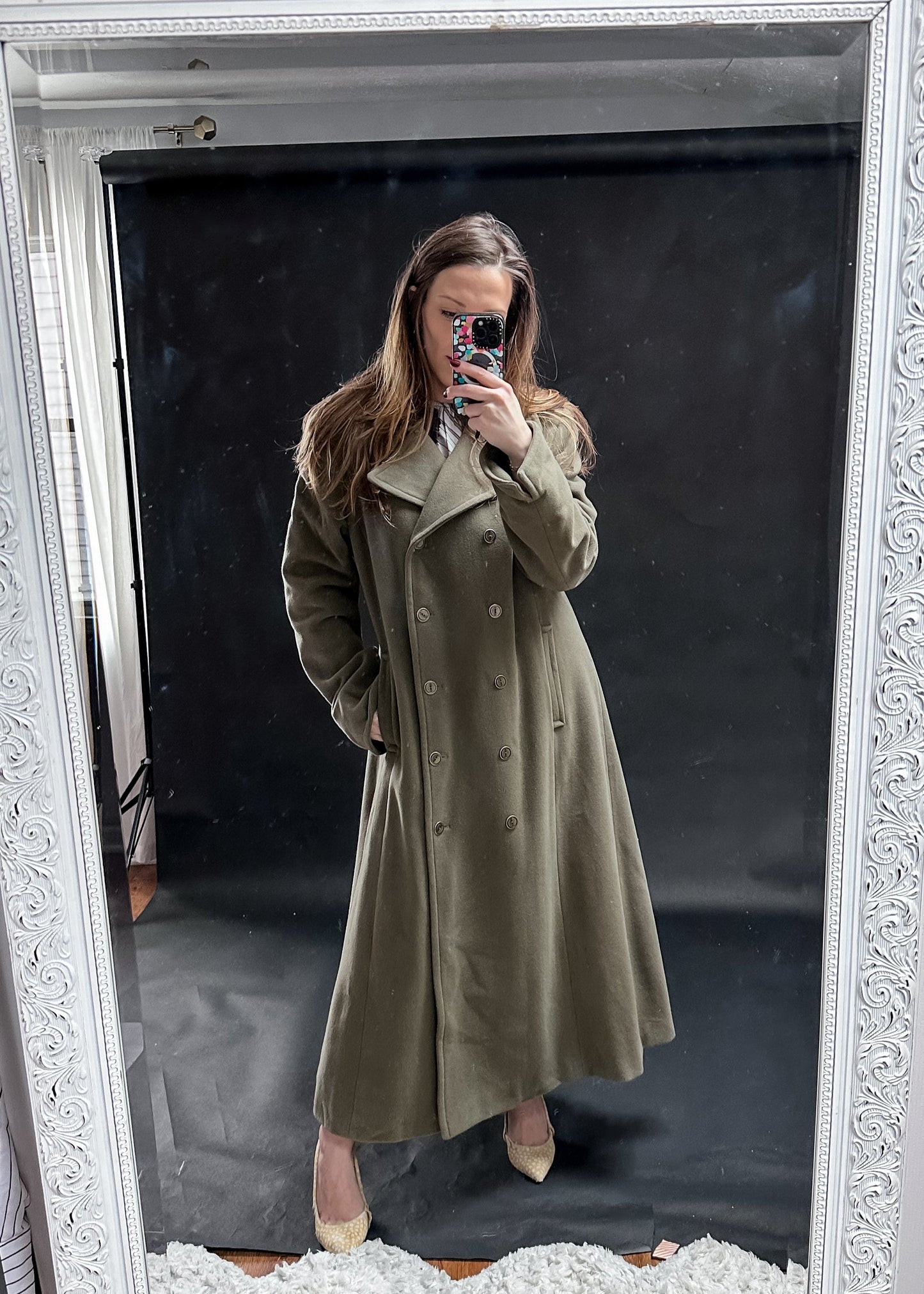 Vintage 90s Sandro Loden Green Wool Long Winter Pea Coat (16 or XL)