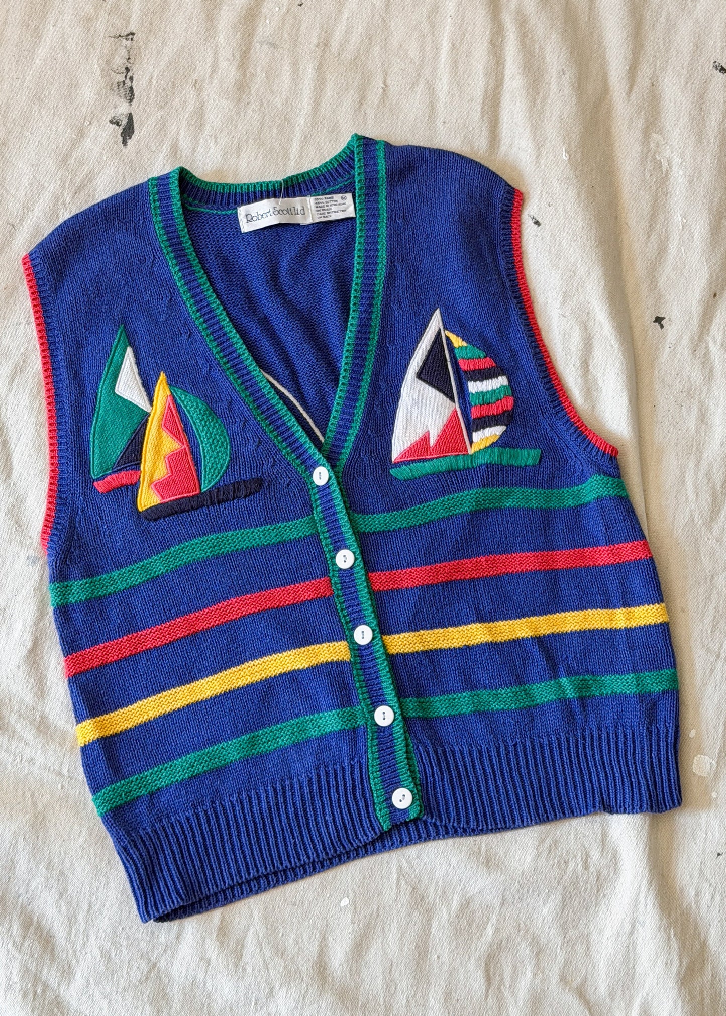 Vintage Robert Scott LTD Embroidered Sailboat Nautical Knit Sweater Vest (M)