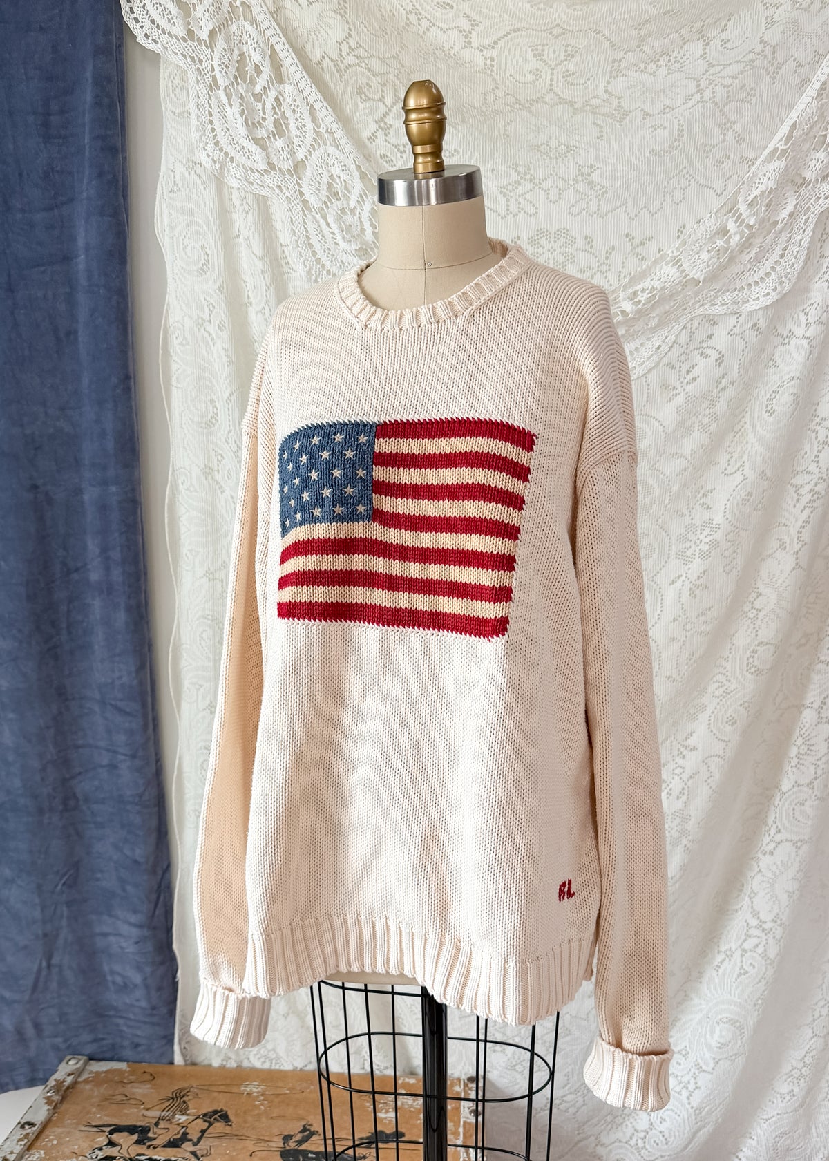 Vintage 90s Polo Ralph Lauren Cream American Flag 100% Cotton Crewneck Sweater