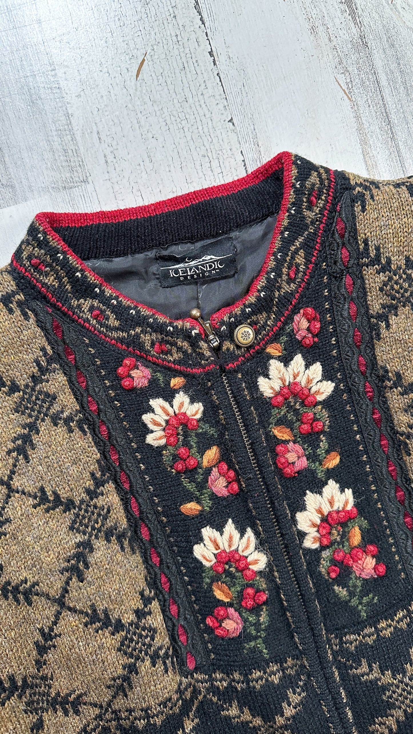 Icelandic Designs Brown & Black Floral Embroidered Wool Zip Knit Jacket Sweater (XL)