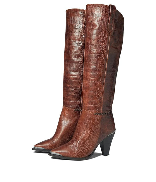 NEW Free People Stevie Brown Leather Embossed Crocodile Tall Boots (38.5 / 8.5)