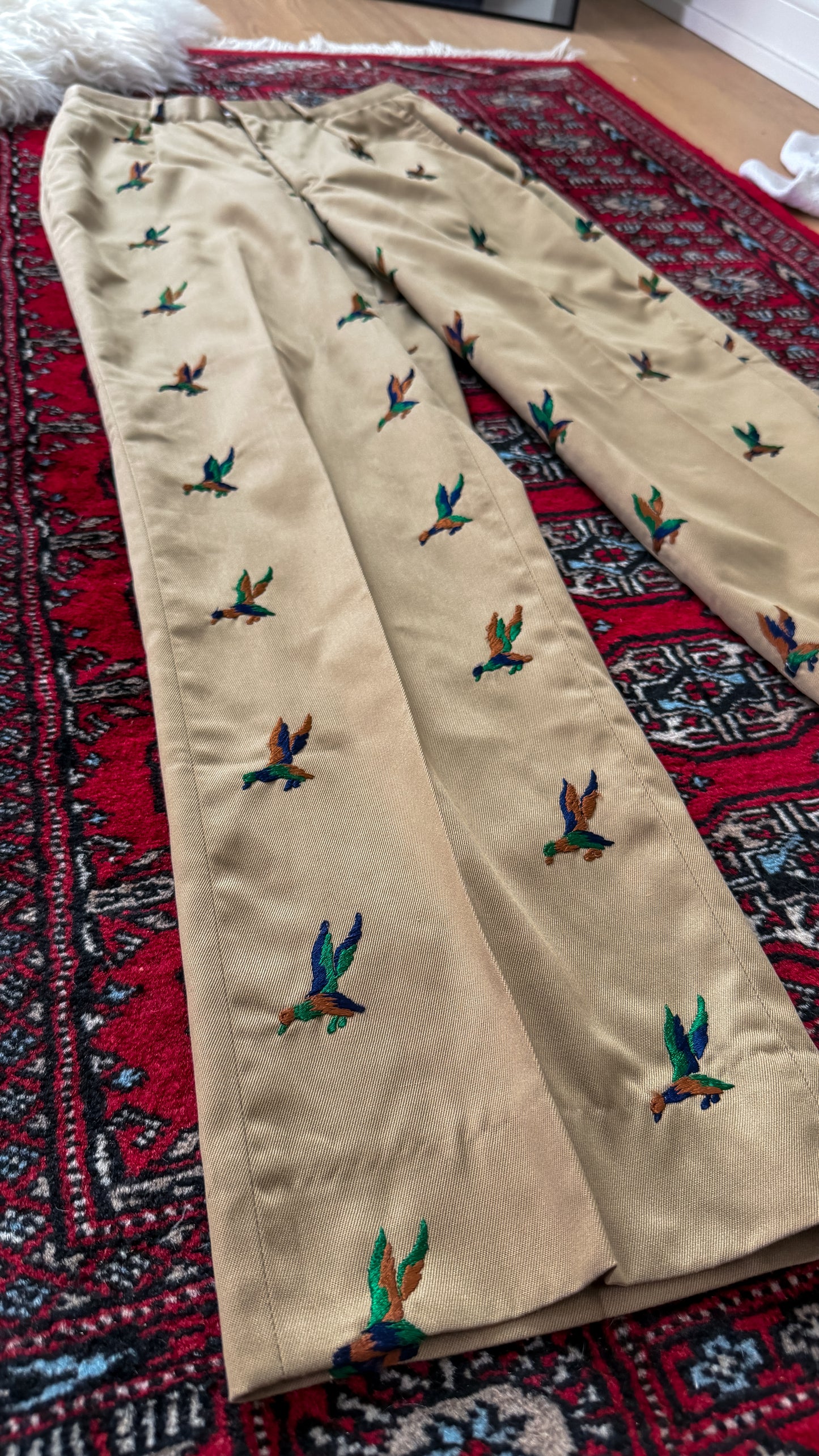 Vintage 70s Khaki Embroidered Mallard Duck Chino High Waist Pants