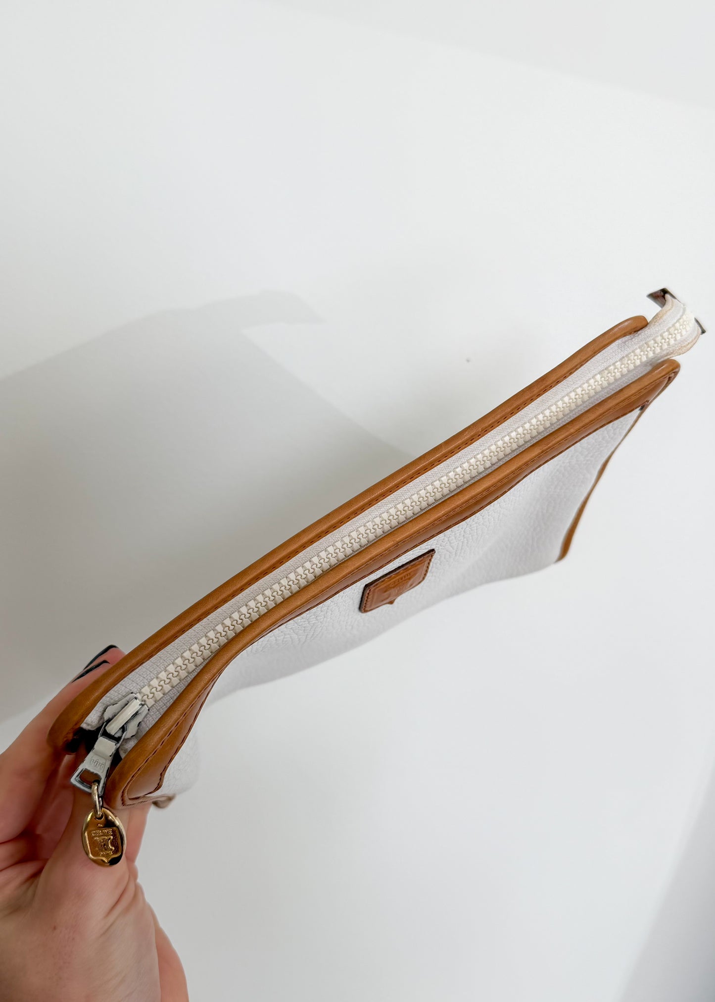 Vintage 80s Celine White & Brown Leather Pouch Clutch Purse