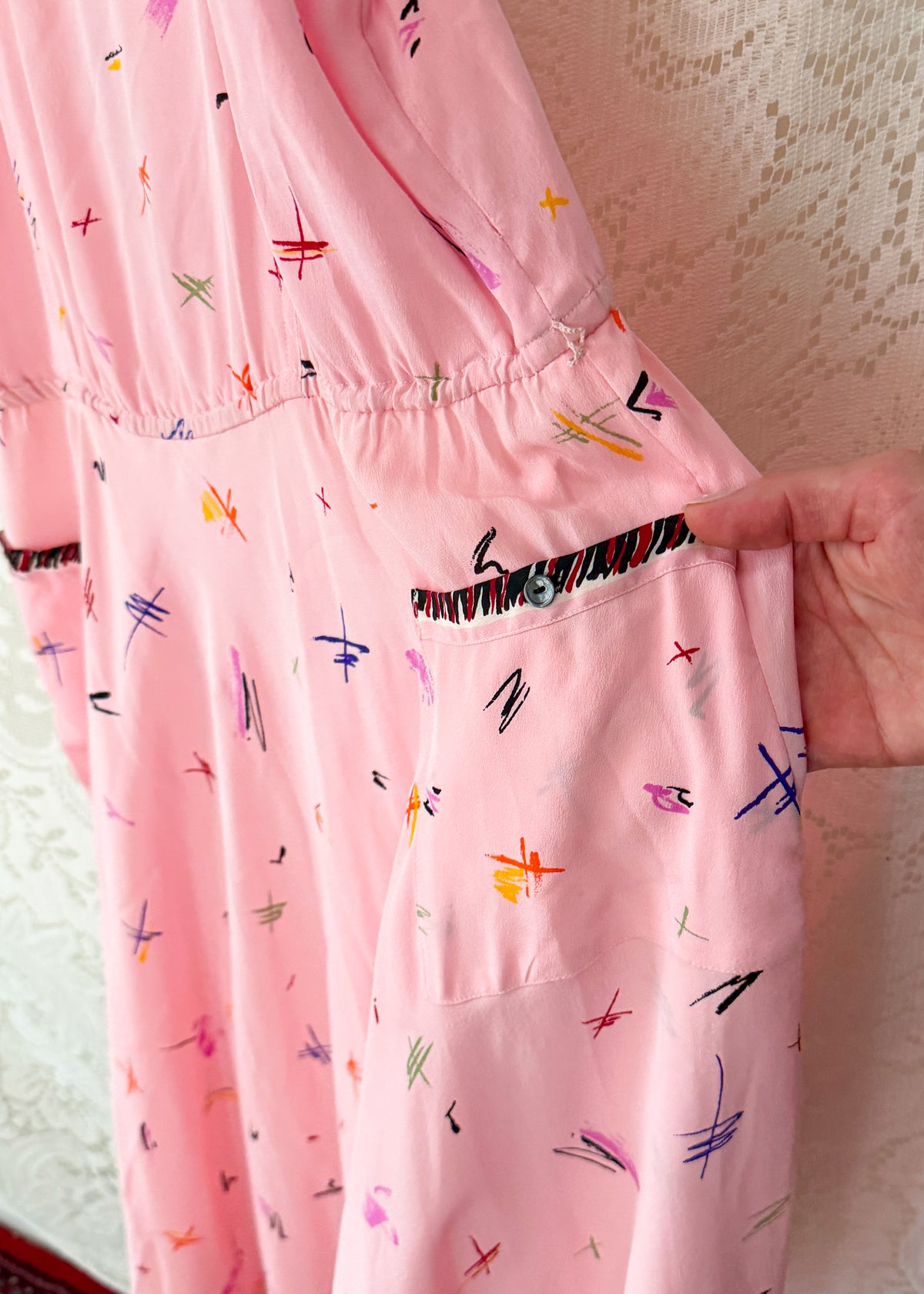 Vintage 1980s Jack Mulqueen Pink Silk Abstract Print Dress (6)