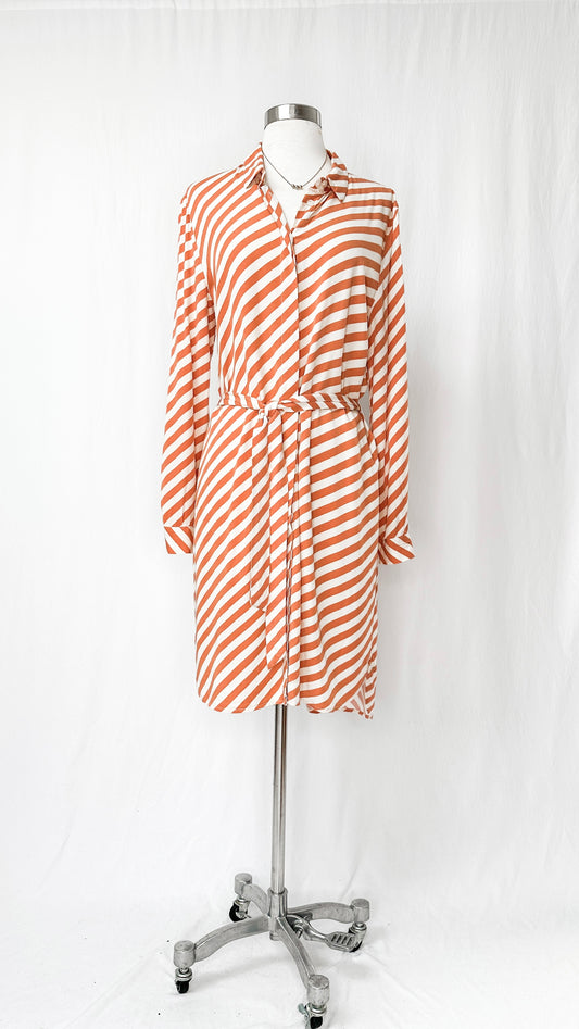 ICHI Peach Orange & Ivory Stripe Shirt Dress (M)