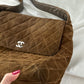 Vintage Chanel Brown Suede Quilted Matelassé Silver Turnlock Tote Purse