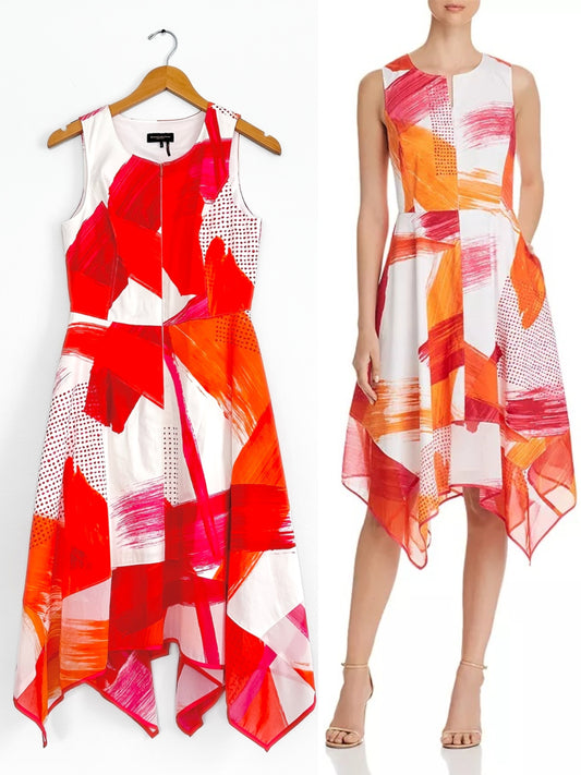 Donna Karan Pink and Orange Abstract Handkerchief Hem Zip Front Dress (4)