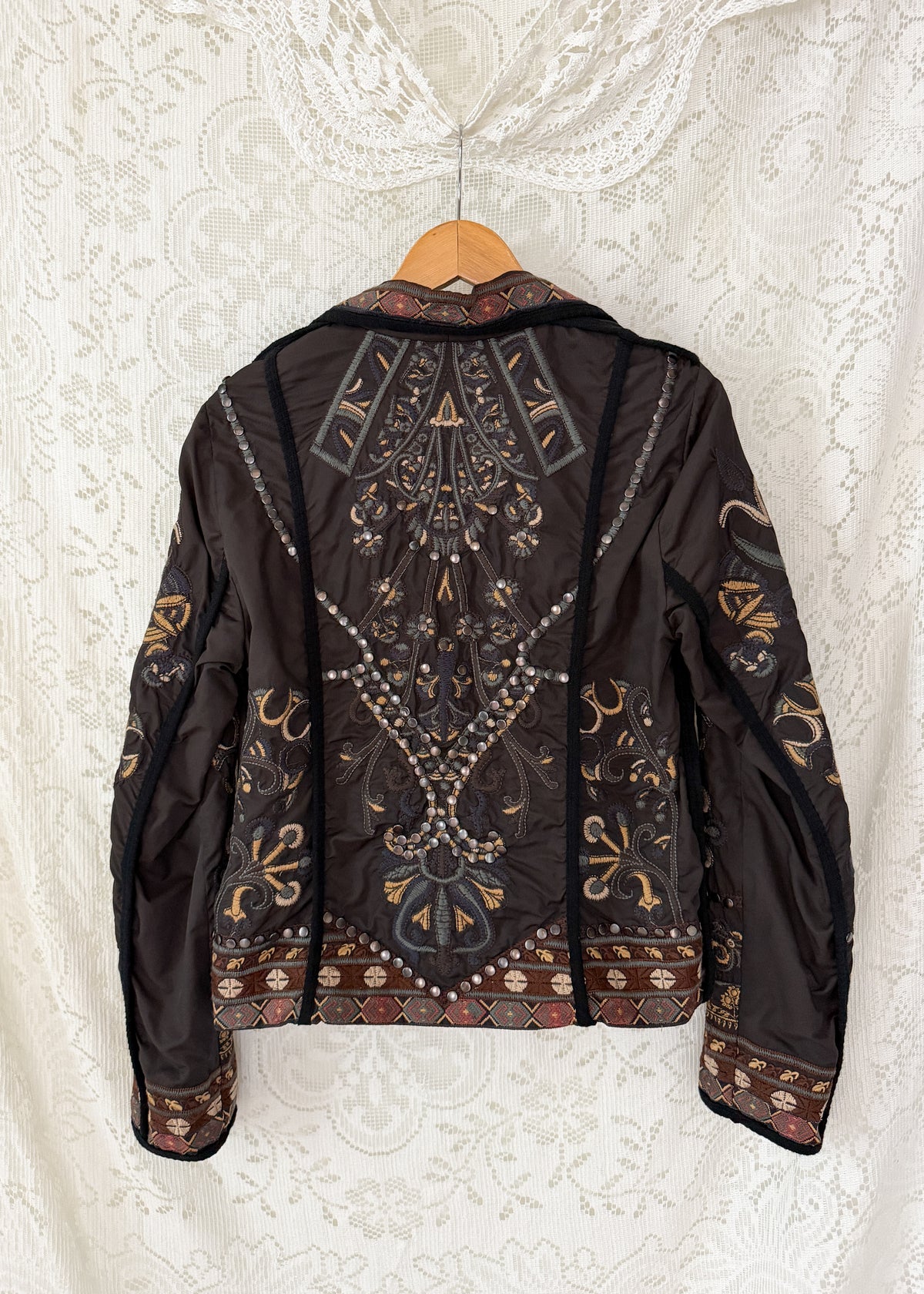 BIYA by Johnny Was Olive Brown Embroidered Studded Boho Moto Jacket