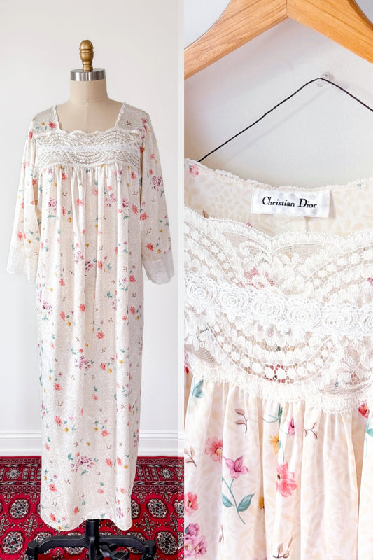 Vintage 90s Christian Dior Floral Prairie Style Nightgown Full Length (M/L)