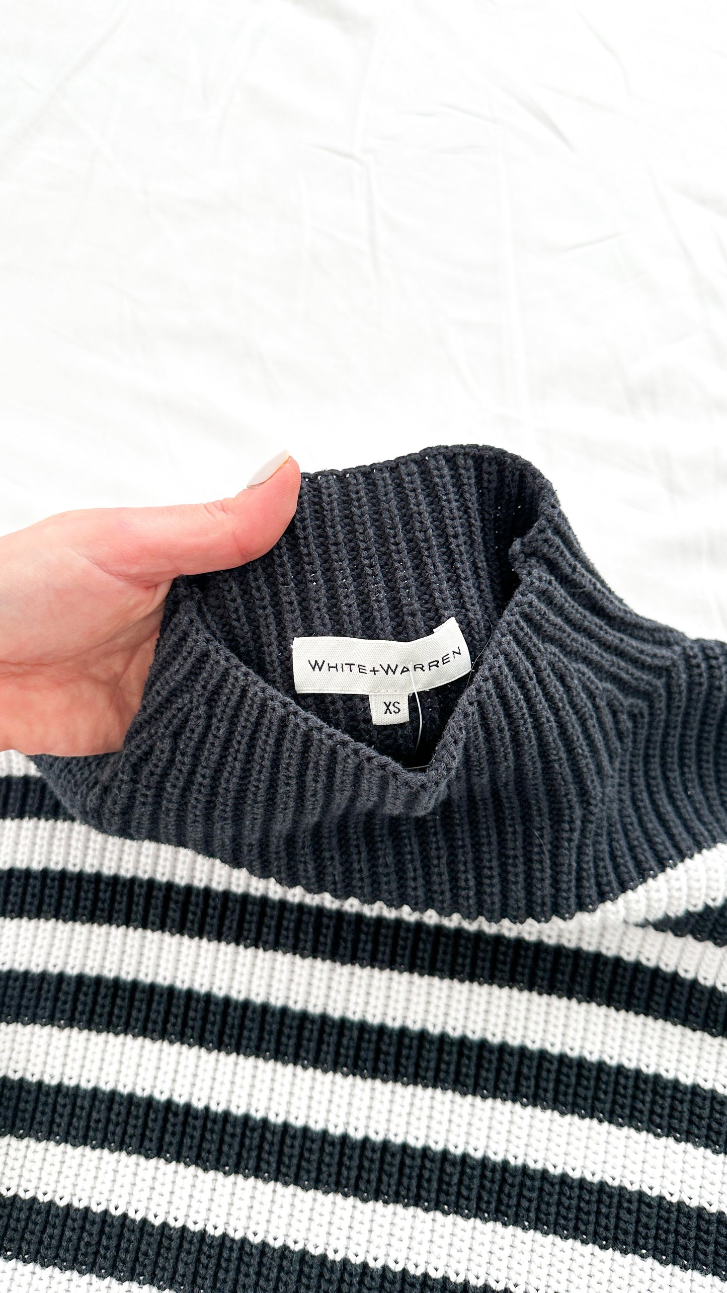 White + Warren Navy White Heavy Knit Stripe Mock Neck Sweater (XS)