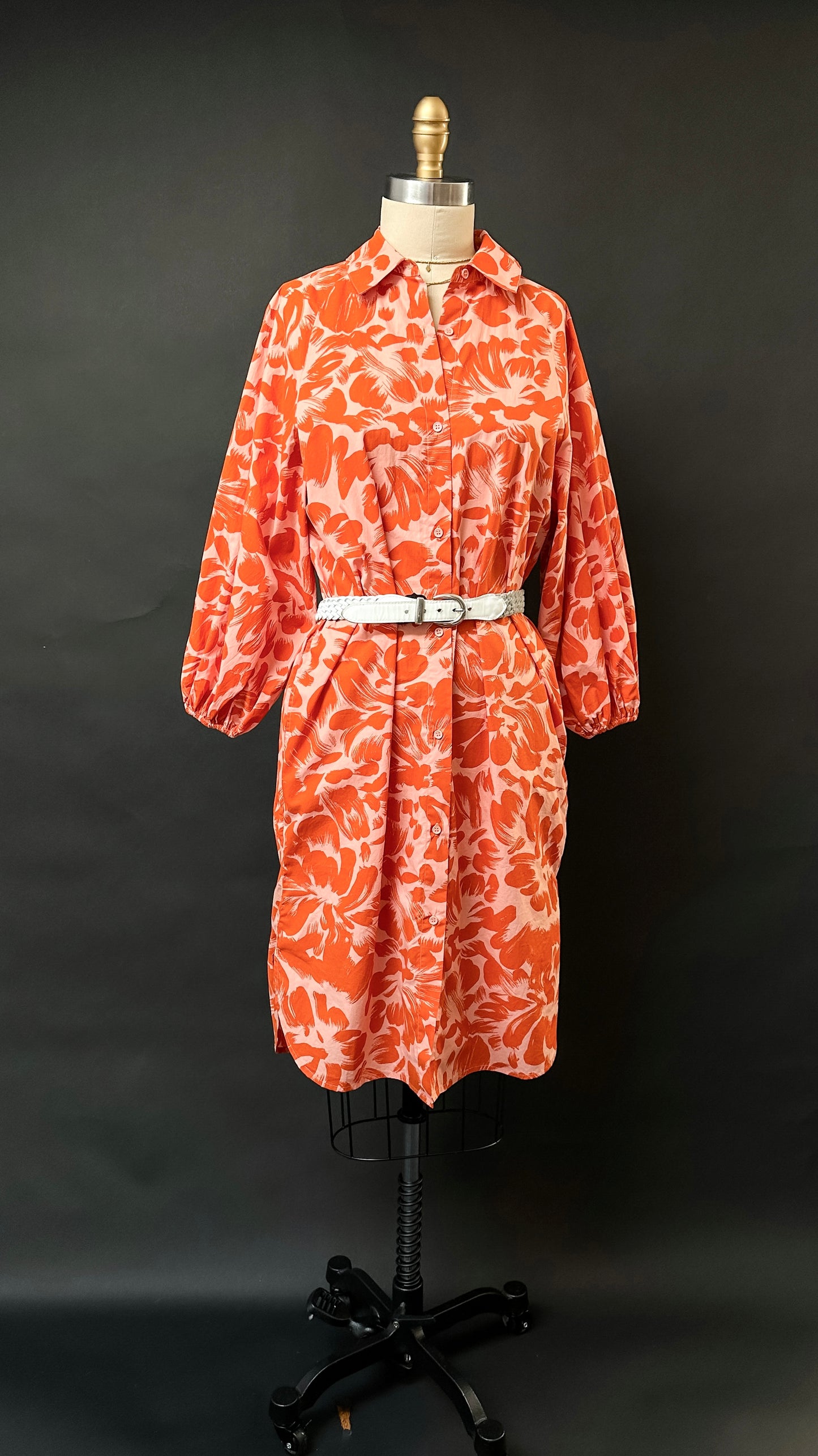 Essentiel Antwerp Salmon Orange / Pink Print Bemerald Cotton Shirt Dress