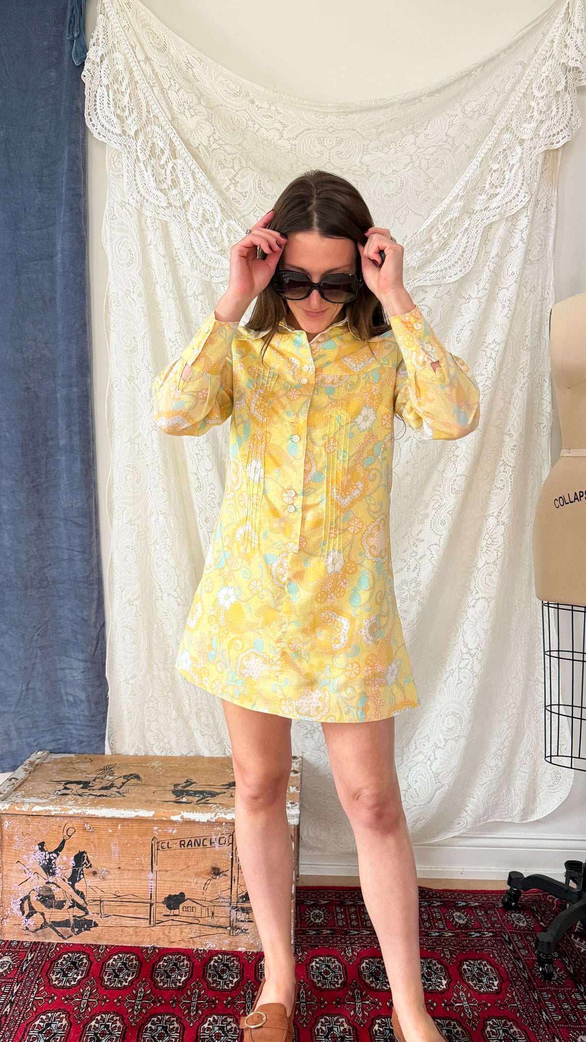 Vintage 70s Diolen Yellow Print Mini Dress