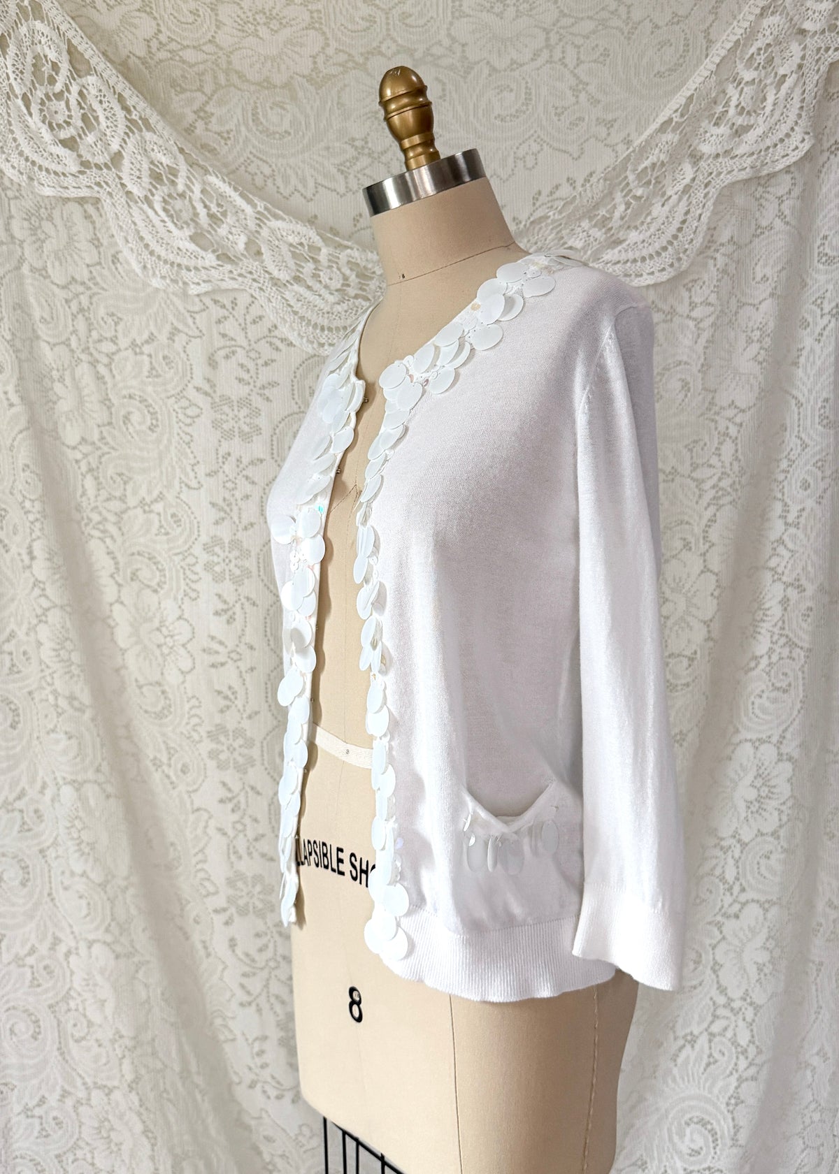 Michael Simon White Sequin Disc Embellished Cardigan (S)