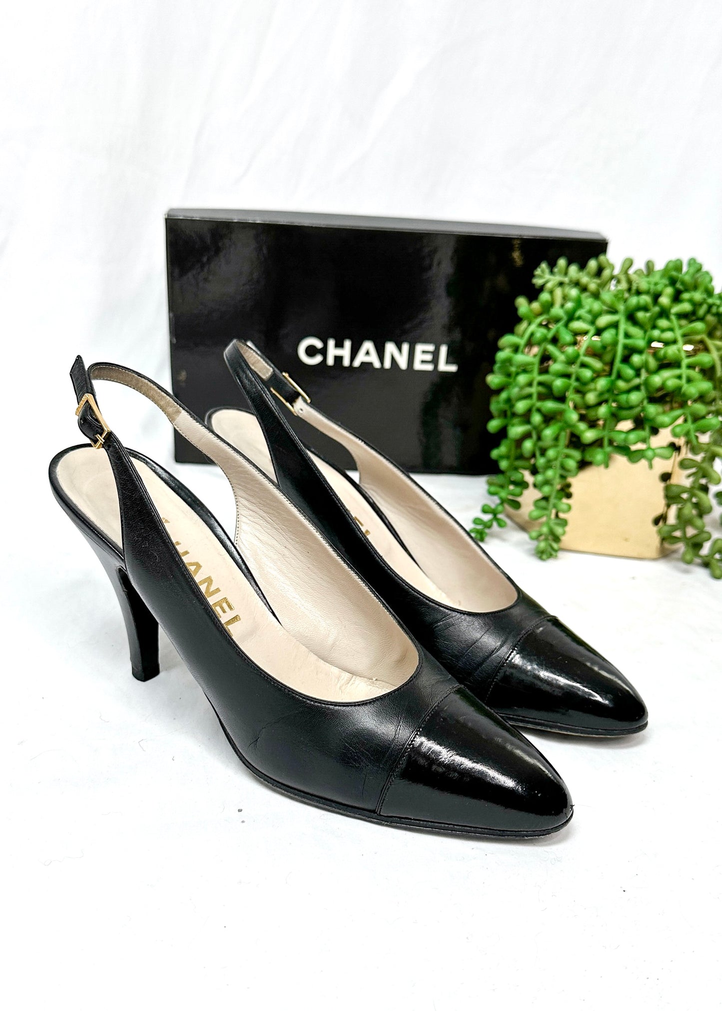 Vintage Chanel Black Leather Cap Toe Slingback Heels (38)