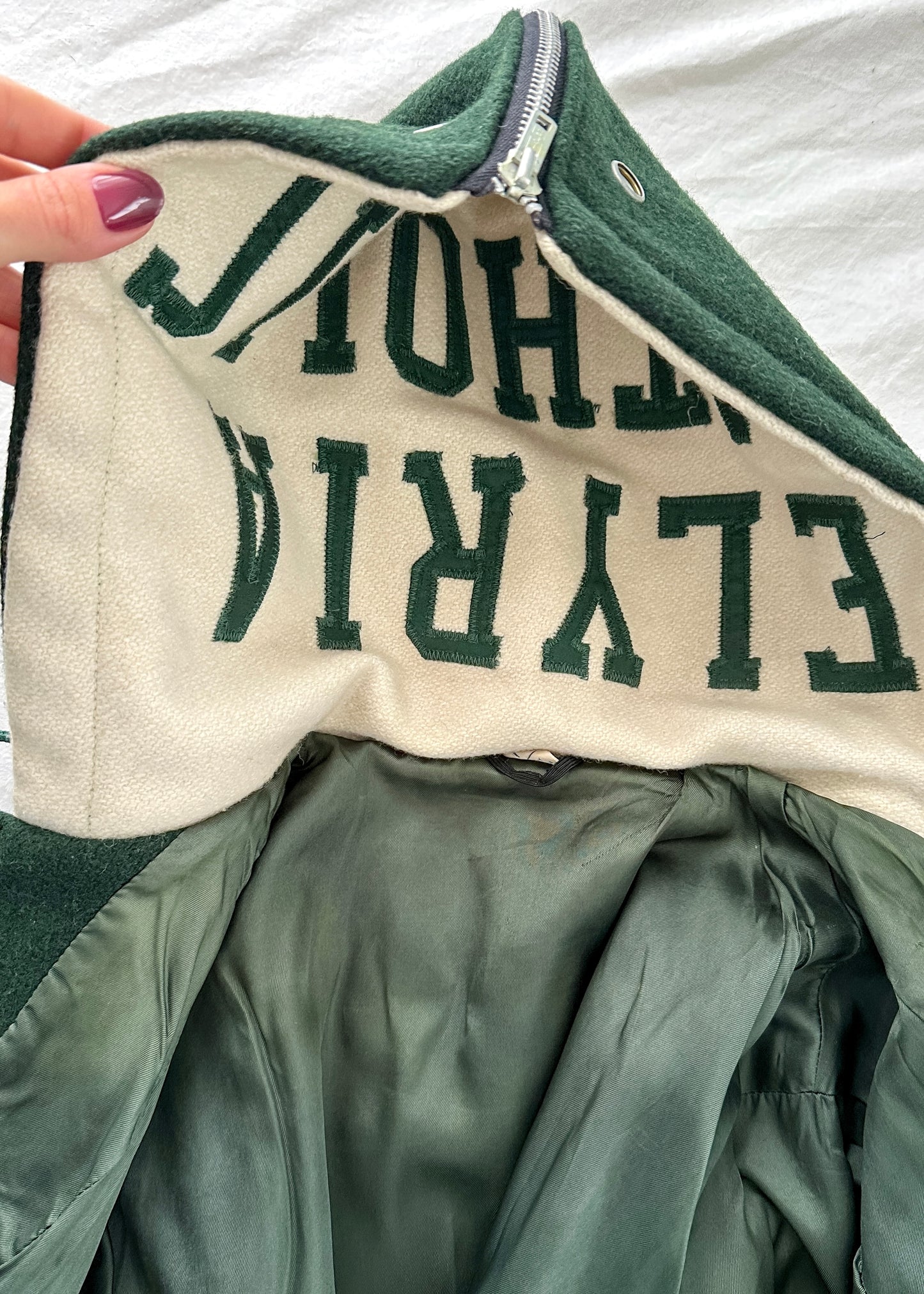 Vintage 70s Elyria Catholic Panthers Green Varsity Lettermen Jacket (S)