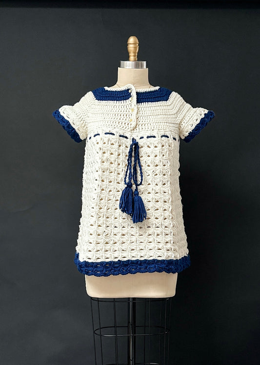 Vintage 70s Hand Knit Crochet Babydoll Top (S)