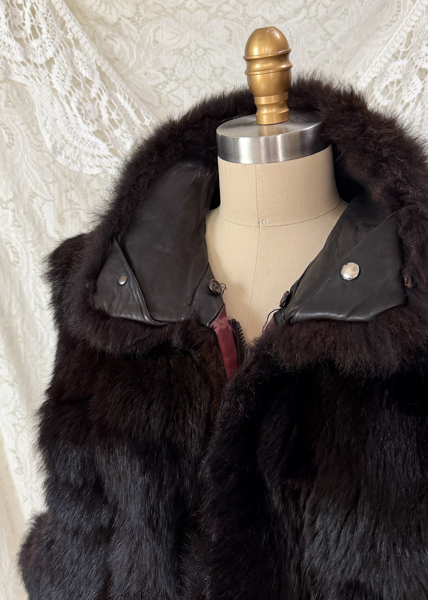 Vintage Andrew Marc Dark Brown New Zealand Opossum Fur & Leather Moto Style Vest