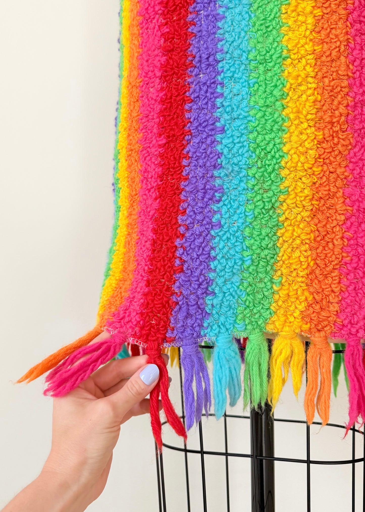 Vintage 60s Jack Winter Rainbow Crochet Mini Fringe Hem Dress (M)
