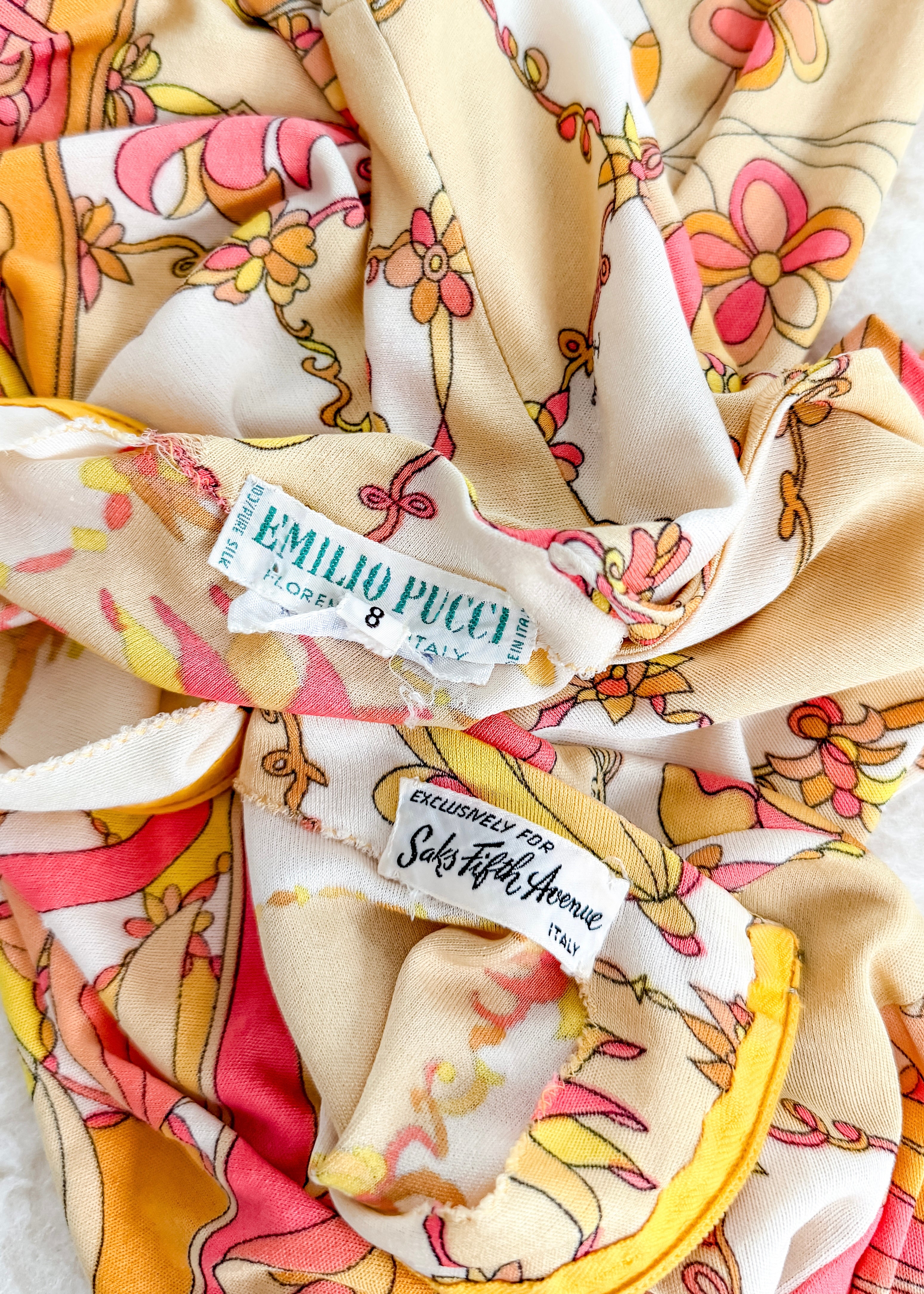 Vintage 60s 70s Emilio Pucci Silk Pink Peach Yellow Abstract