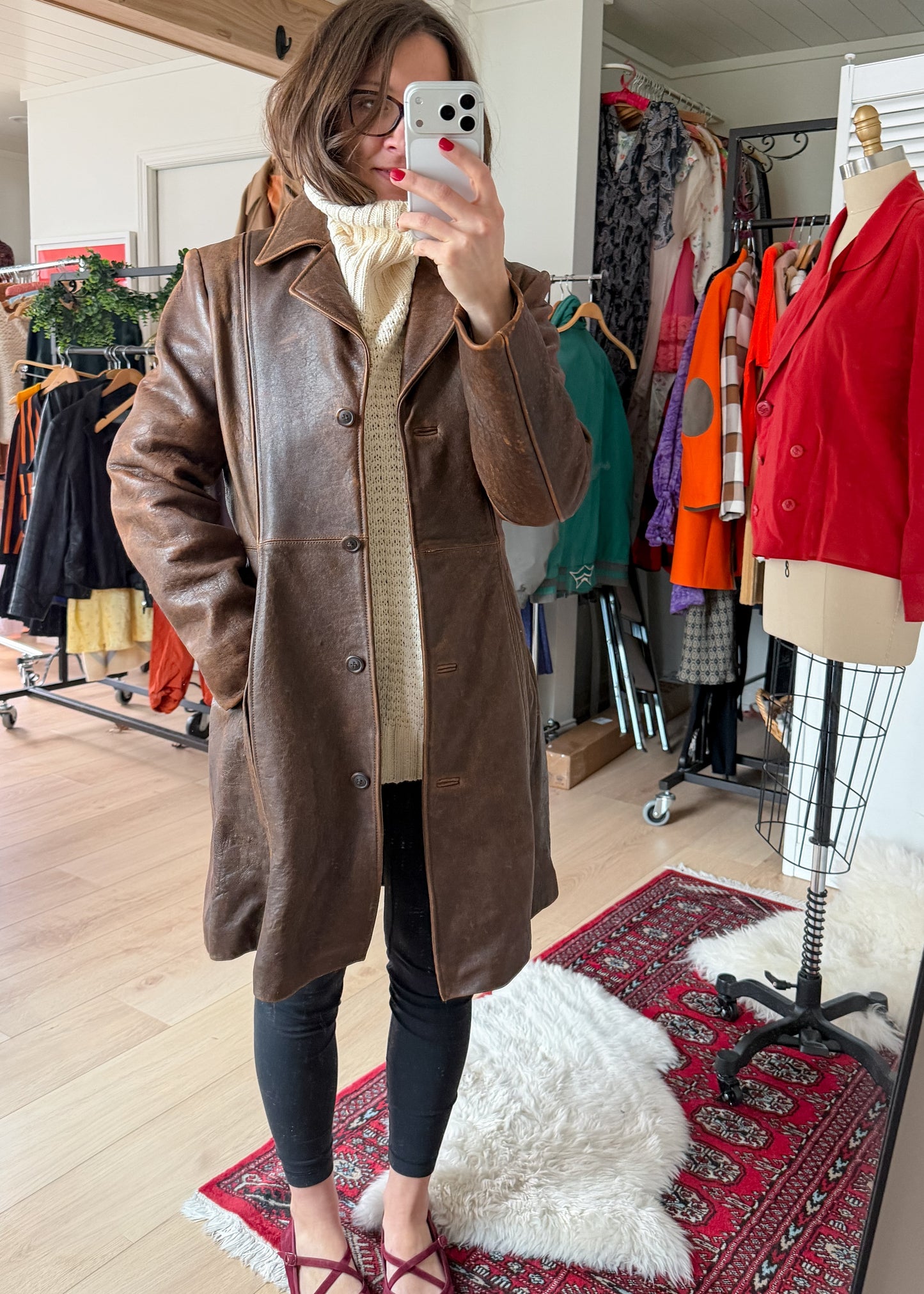 R + O Chestnut Brown Leather Mid Length Tailored Jacket (M)