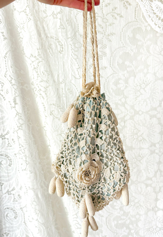Antique Edwardian Irish Crochet Reticule Purse Sea Foam Green Lined c. 1900–1915