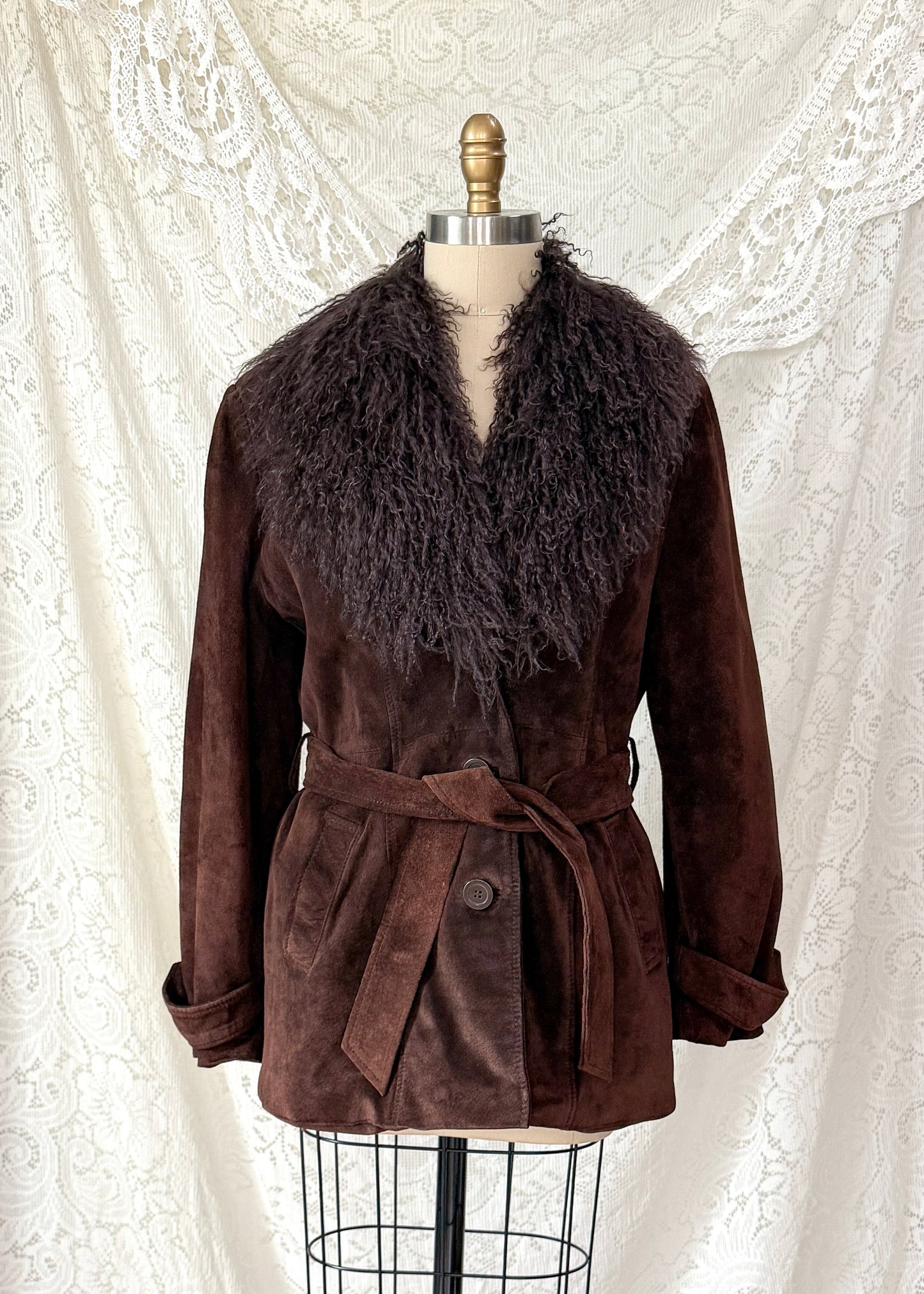 Vintage Chocolate Brown Suede Leather & Mongolian Lamb Fur Collar Penny Lane Coat (M)
