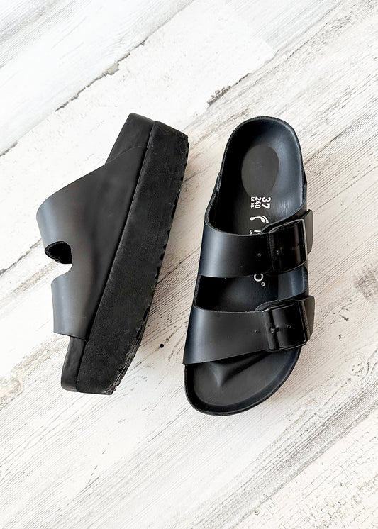NEW Birkenstock Women's Arizona Flex Platform Black Leather Papilio Sandals (37)