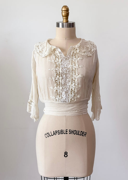 Antique Edwardian Silk Lingerie Blouse with Irish Crochet Lace  c. 1905–1915