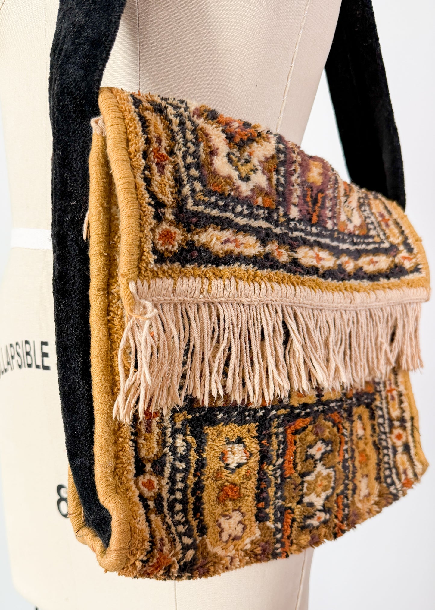 Vintage 70s Golden Yellow Brown Tapestry Fringe Trim Shoulder Purse