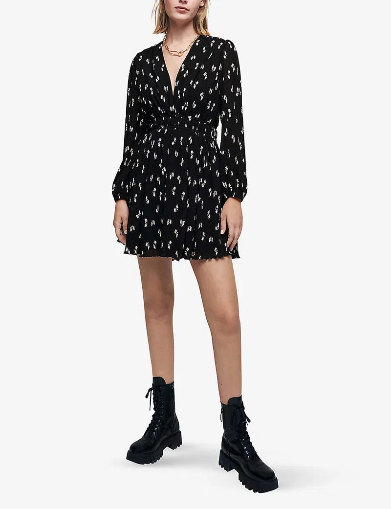 Maje Rionana V-Neck Bow Print Mini Dress (42 or US L)