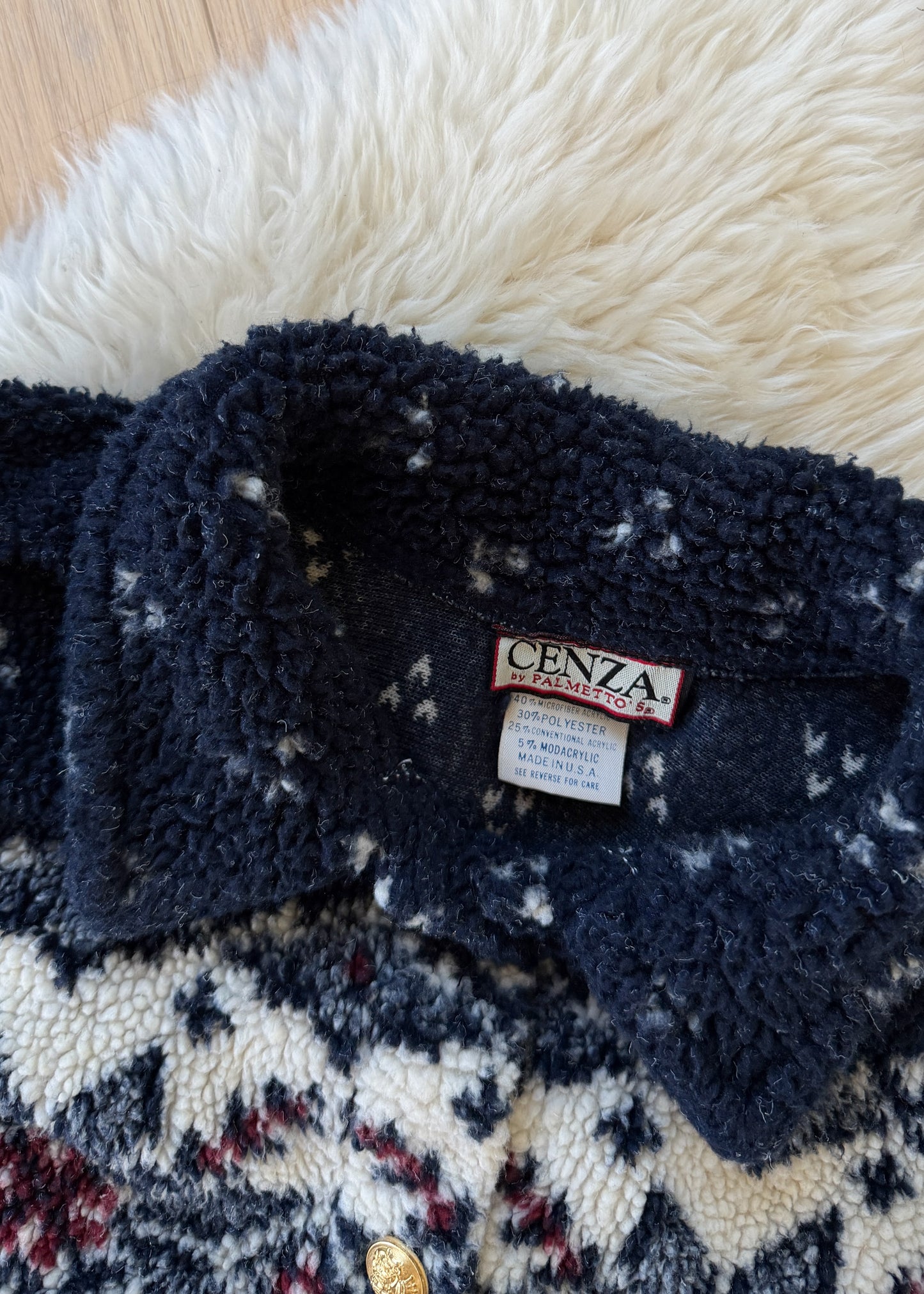 Vintage 90s Cena Navy Nordic Fuzzy Fleece Gold Button Cardigan Sweater (L)