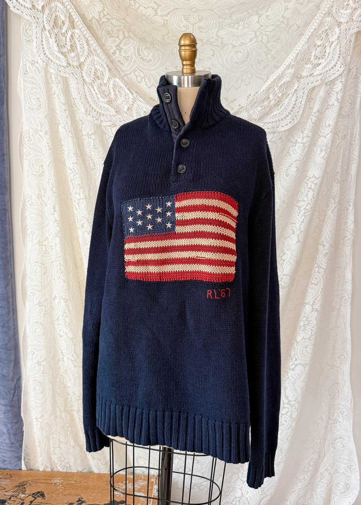 Vintage 00s Polo Ralph Lauren Navy RL67 American Flag Cotton Linen Mock Neck Button Sweater